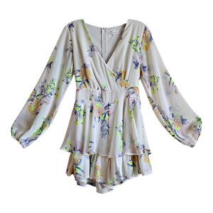 ALTAR'D STATE Women's S Romper Dress Cream Floral Tiered Shorts Balloon Sleeve